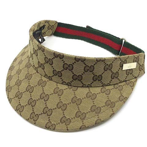 グッチ GUCCI GGキャンバス サンバイザー キャップ シェリーライン ストラップ ベージュ S