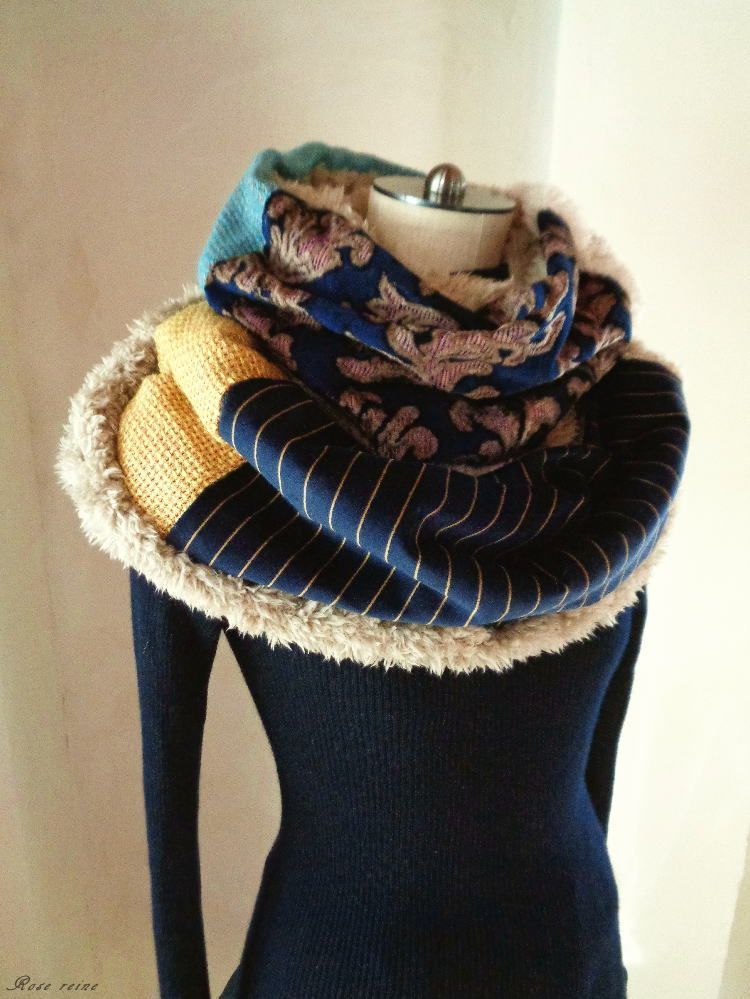 絵画なパッチワーク♥ふわふわボリュームスヌード♥ネイビー イエロー エクリュ 絵画なパッチワーク♥ふわふわボリュームスヌード♥ネイビー イエロー