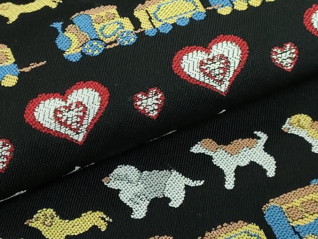 平和屋本店■極上　九寸名古屋帯　犬　羊　鹿　ひよこ　苺　電車　黒地　逸品　未使用　DZAA5677kh5 平和屋本店□極上 九寸名古屋帯 犬 羊 鹿 ひよこ 苺 電車 黒地