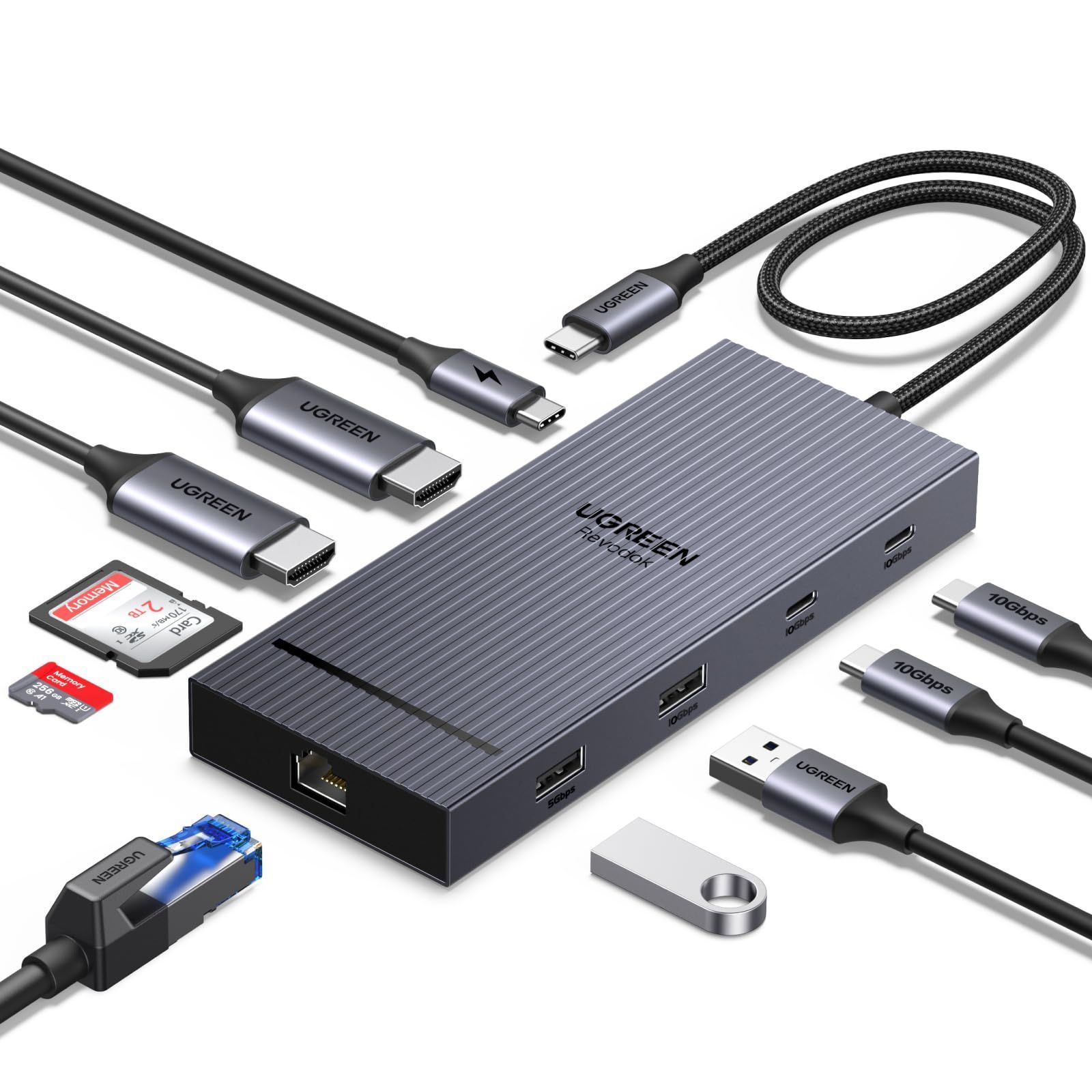 UGREEN Revodok 10 in 1 USB Cドッキングステーション USB Cハブ 二つHDMI拡張 USB A-C 3.2 10Gbpsデータ転送ポート4K 60Hz 二つ拡張8K 30Hz 100W PD急速充電 1Gbpsイーサネ