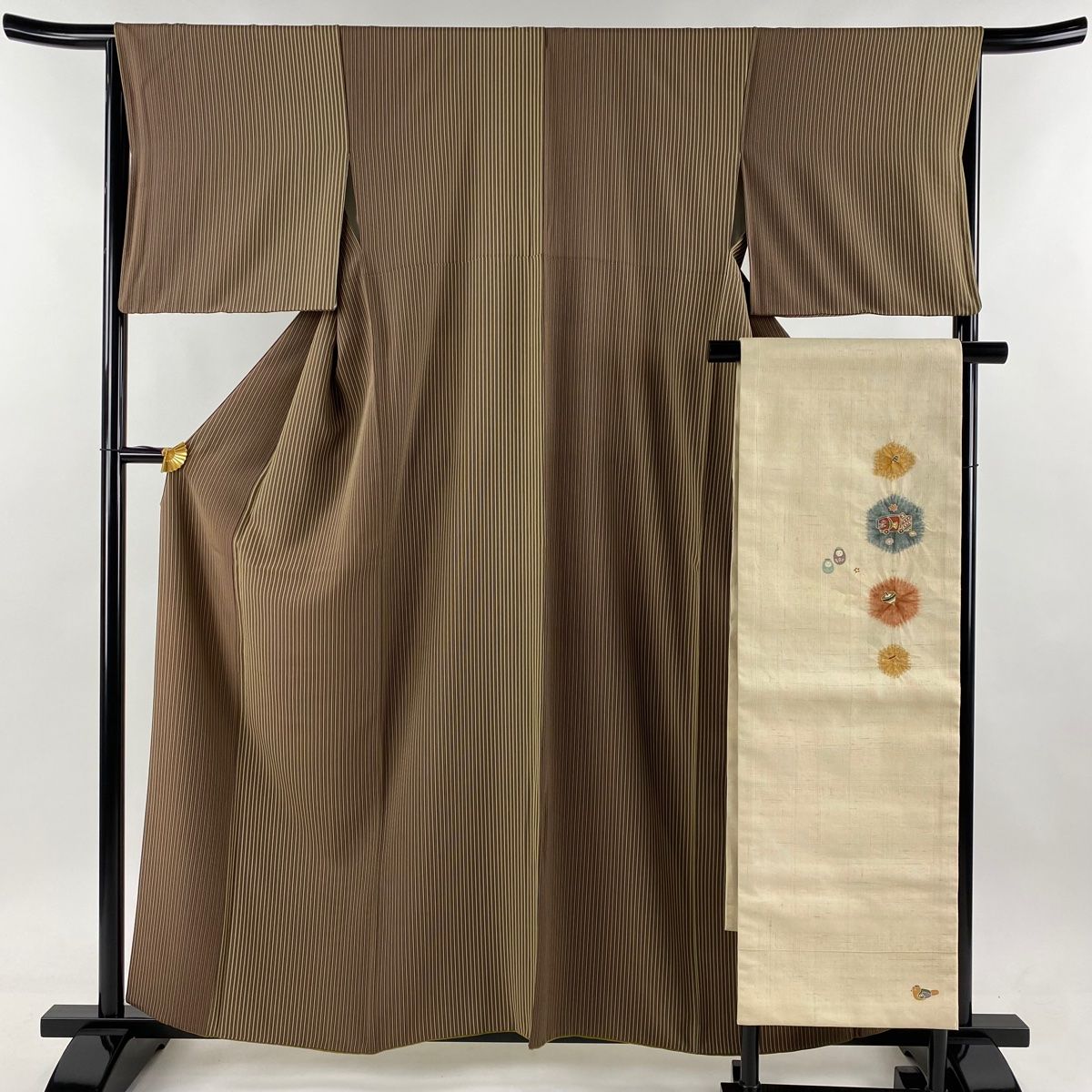 小紋 身丈159cm 裄丈65.5cm M 袷 名古屋帯セット 縦縞 茶色 正絹 秀品