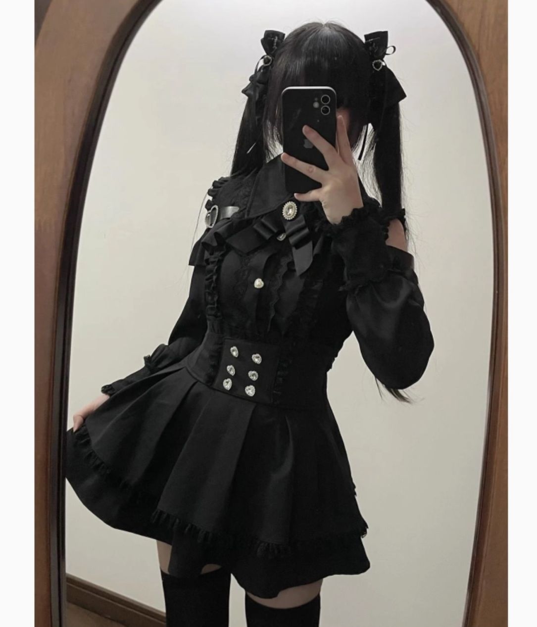 スウィートハートとの出会い ダークメイク系少女スタイル 暗黒系ガールズスタイル三色露肩シャツ＋ハイウエストスカート2点セット