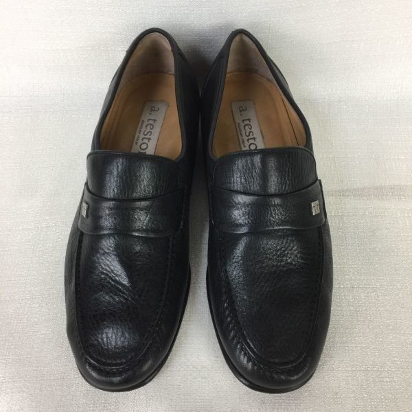 イタリア製|Vintage a.testoni ア.テストーニ コインローファー|本革 黒|BLACK|ブラック|size 7|25.5 レザースリッポン|モカシン|メンズ|loafer shoes〕|men s 菅NO.ZA-43
