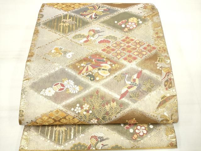 平和屋着物◎六通柄袋帯 唐織 吉祥飛鶴花菱文 金糸 正絹 逸品
