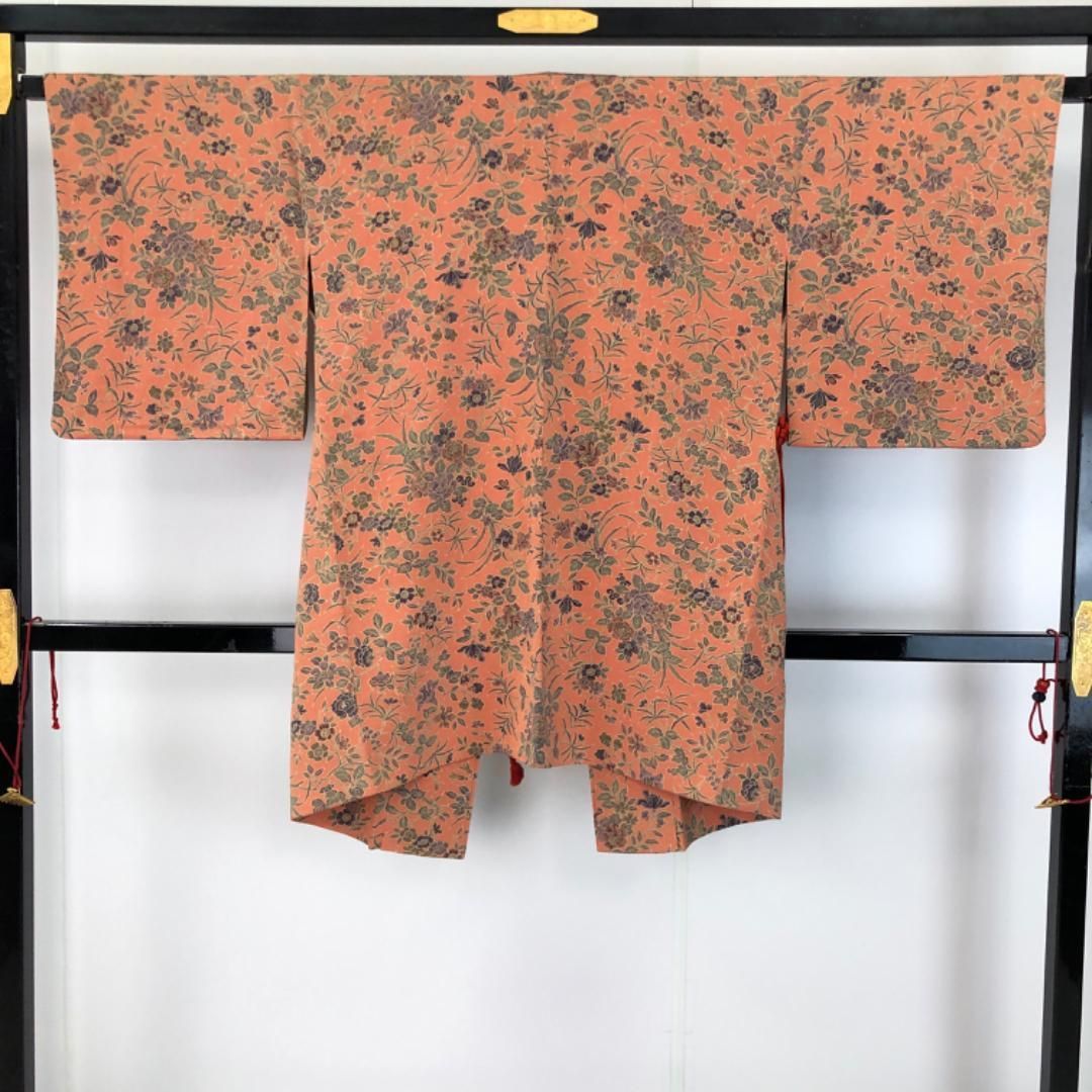 道中着 花柄模様 珊瑚色 縮緬 H-4119