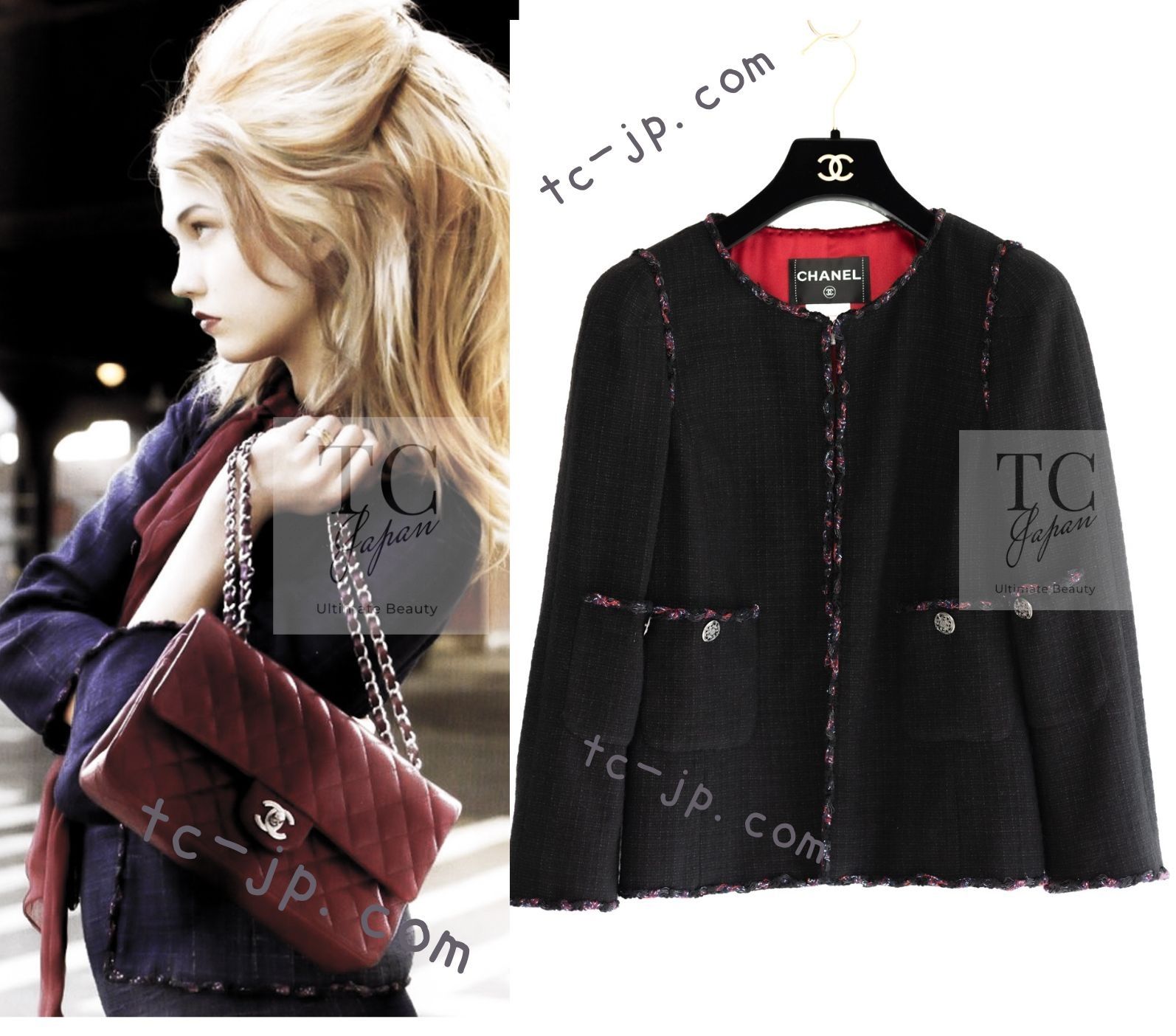 シャネル ジャケット CHANEL 黒 ブラック レッド ウール シャネル ジャケット CHANEL 黒 ブラック レッド ウール
