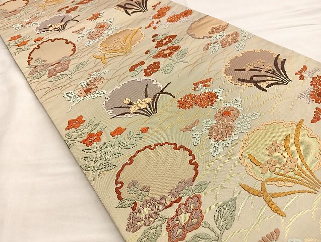 平和屋着物◎六通柄袋帯 唐織 扇面飛鶴花文 金銀糸