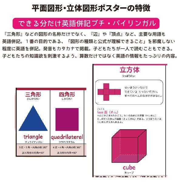 LearnEASY 小学生 1枚でわかる 算数ポスター 2枚セット 平面図形の種類と公式 立体図形の種類と公式 中学受験 プチバイリンガル 英語 公式一覧  - メルカリ