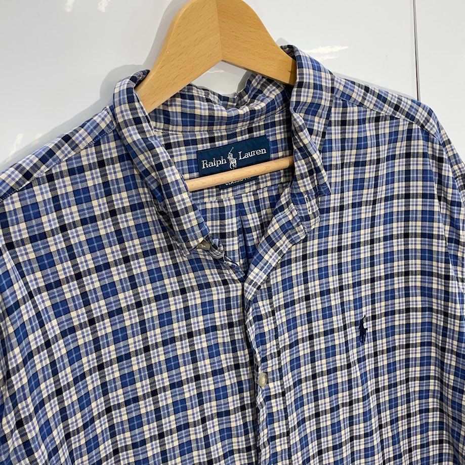 美品♪ラルフローレン コットン S 長袖シャツ 刺繍ポニー チェック ブルー Ralph Lauren ラルフローレン ポニー刺繡 チェックシャツ 長袖