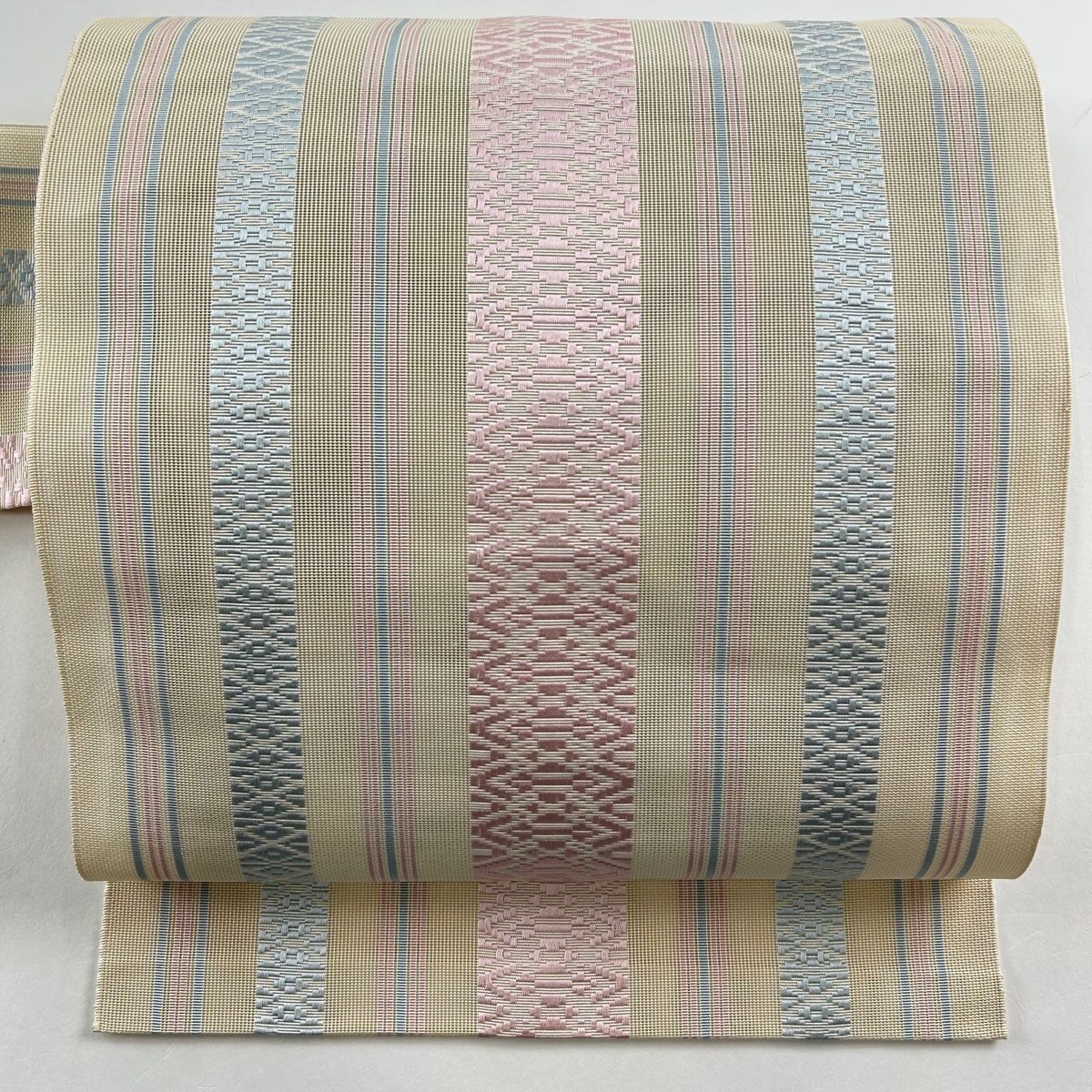 名古屋帯 秀品 夏帯 八寸名古屋帯 縞 幾何学模様 ベージュ 正絹