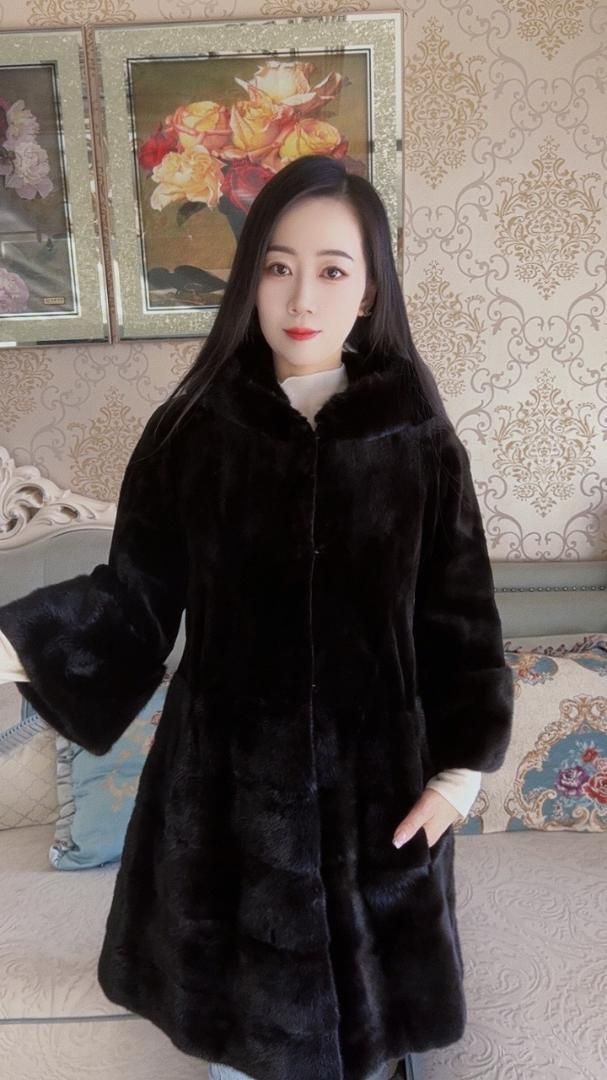 手触り気絶級! 帽子付 上質シェアードミンクコート黒ミンクファーコート毛皮