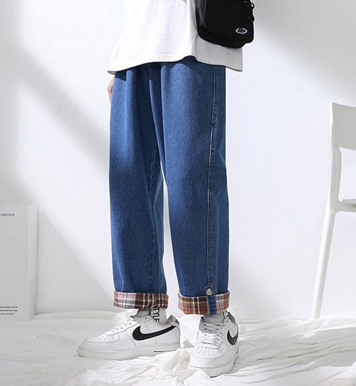 デニムパンツ メンズ ジーンズ ジーパン ゆったり ロールアップ ワイドパンツ 無地 ウエストゴム 調整紐 メンズ パンツ 春 夏 秋 チェック柄HZQ1104