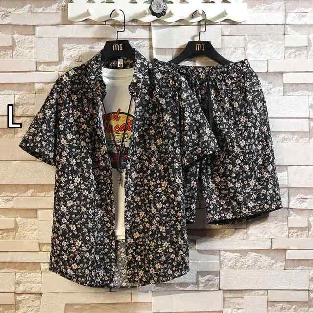 [L ]メンズ ファッション 服 男性用 オシャレ シンプル 大人 かっこいい ストリート 秋コーデ 社会的 男性 花柄 ビーチ 半袖 シャツ パンツ コットン セット