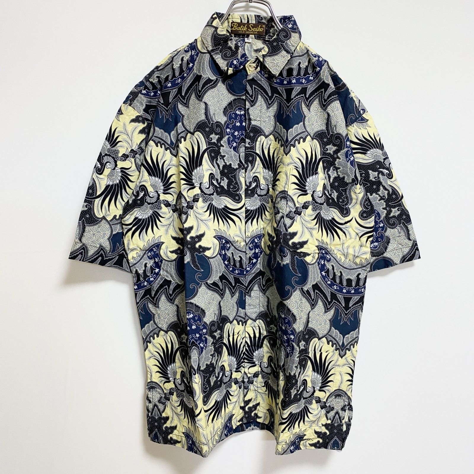 古着 used BatikSeiko 半袖総柄シャツ ネイビー 黄色 イエロー