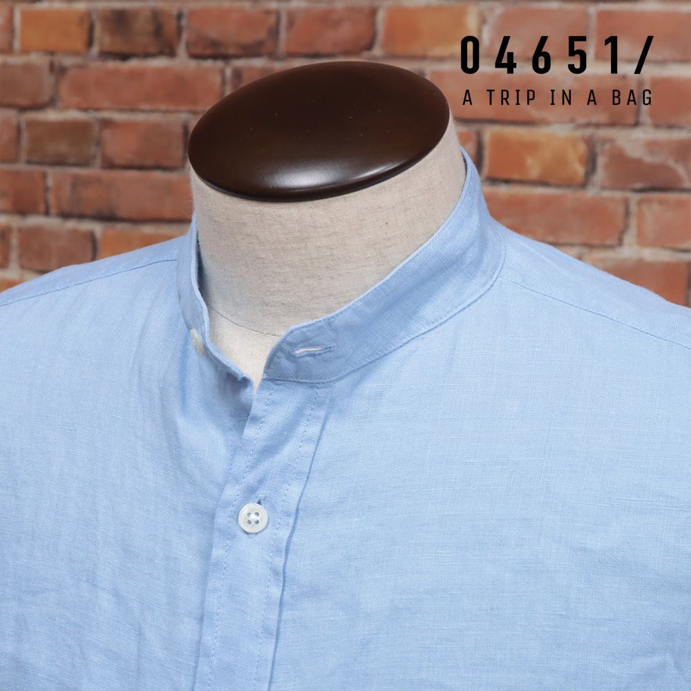 24春夏|04651|A TRIP IN A BAG|XXLサイズ|バンド襟シャツ 6300.005 LINEN GURU さっぱり麻 無地 長袖 |青|ブルー|kg150|