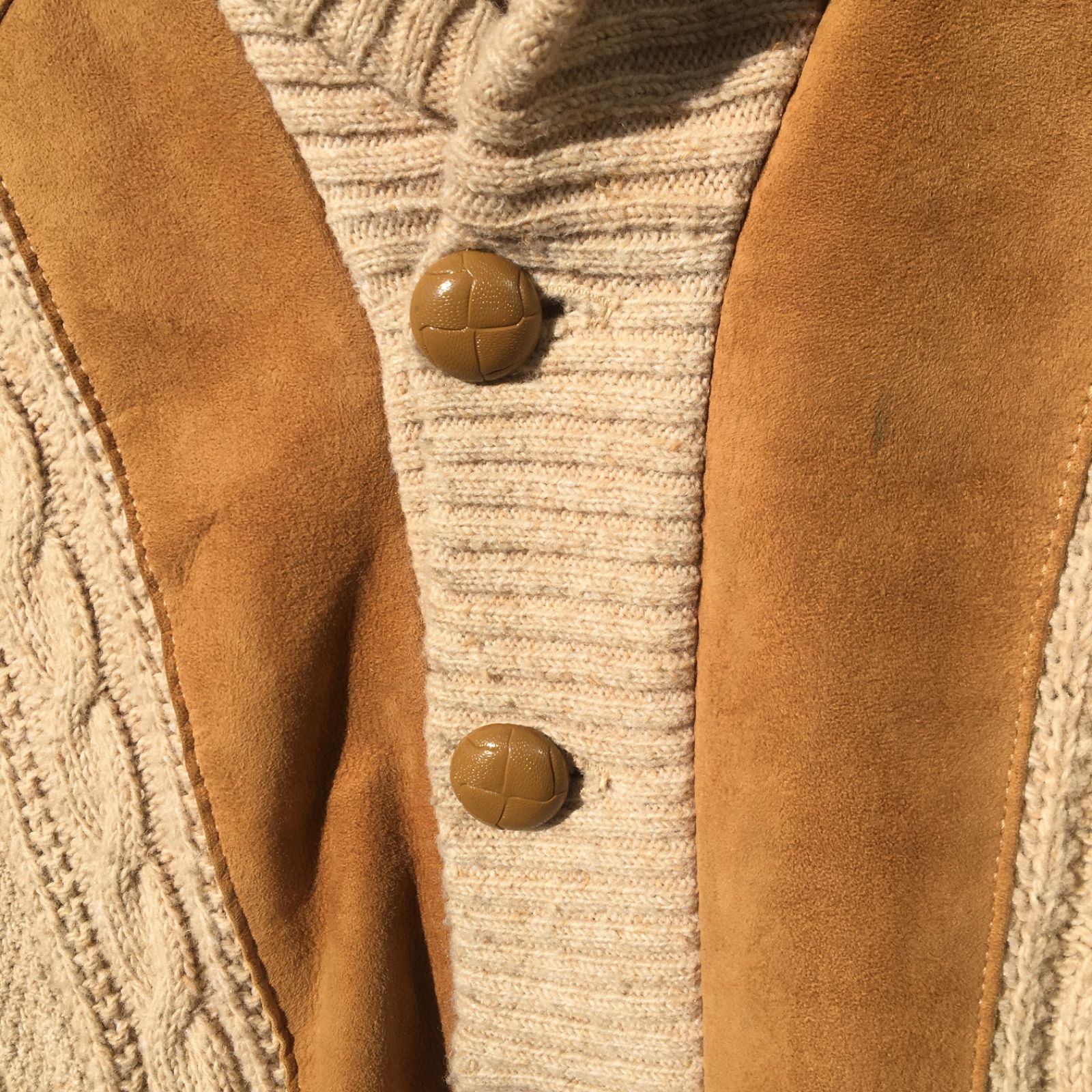 70s Vintage USA製 Acrylic knit & Leather Cardigan US-L ビンテージ