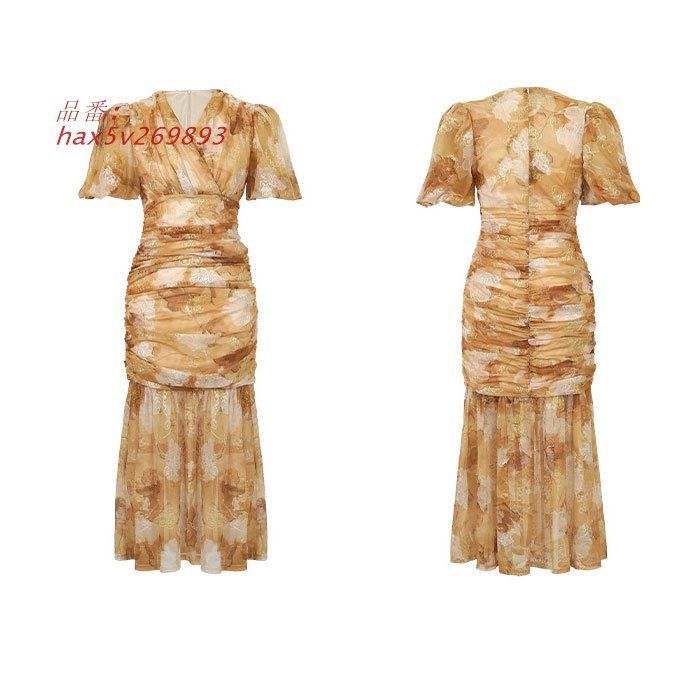 シースルー刺繍半袖ロングフワンピース 黄