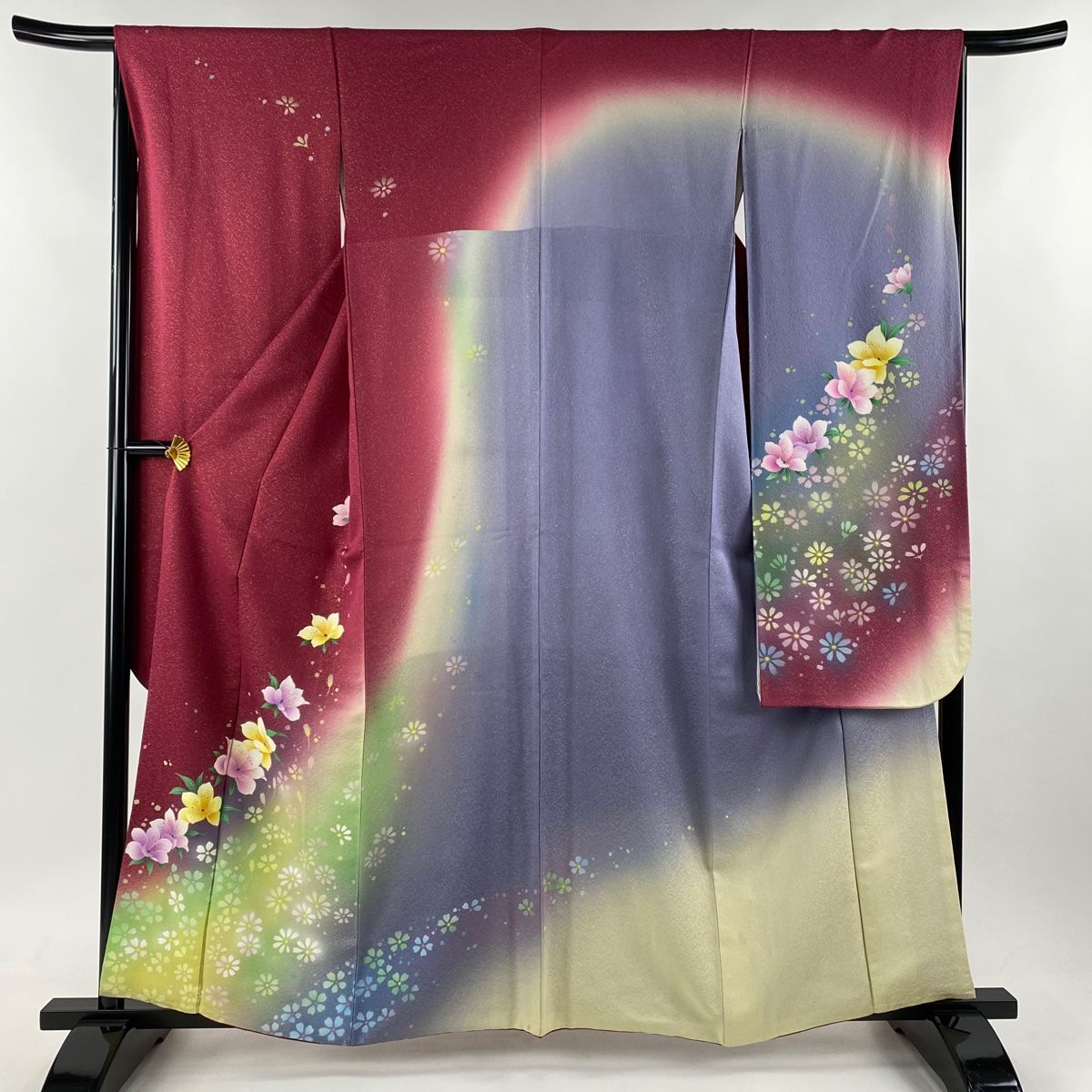 振袖 身丈159cm 裄丈65.5cm M 袷 草花 桜 金通し 金彩 赤紫 正絹