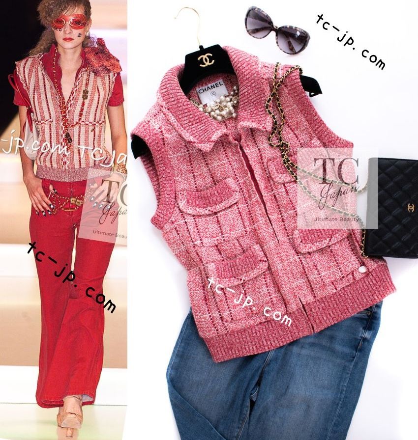 シャネル ベスト トップス CHANEL レッド リネン ツイード 