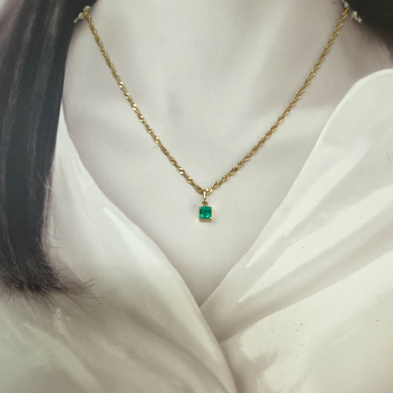 used K18YG 天然エメラルドペンダント＆ネックレス 0.42ct 上質石 贅沢 