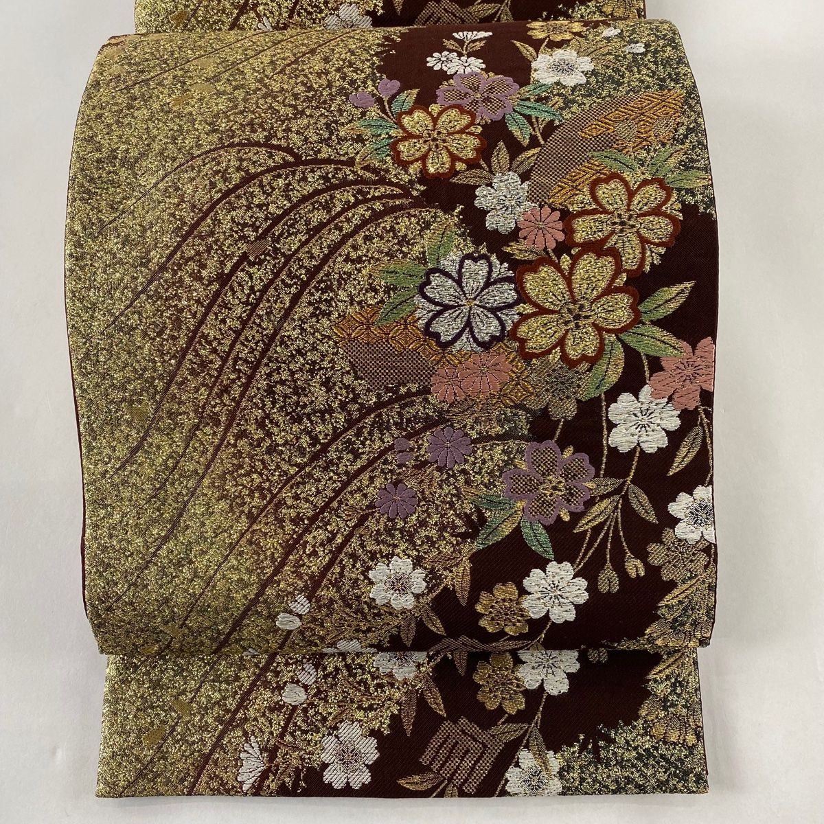 公式】 桜 やまと 秀品 美品 袋帯 箔 【中古】 正絹 六通 紫 金糸