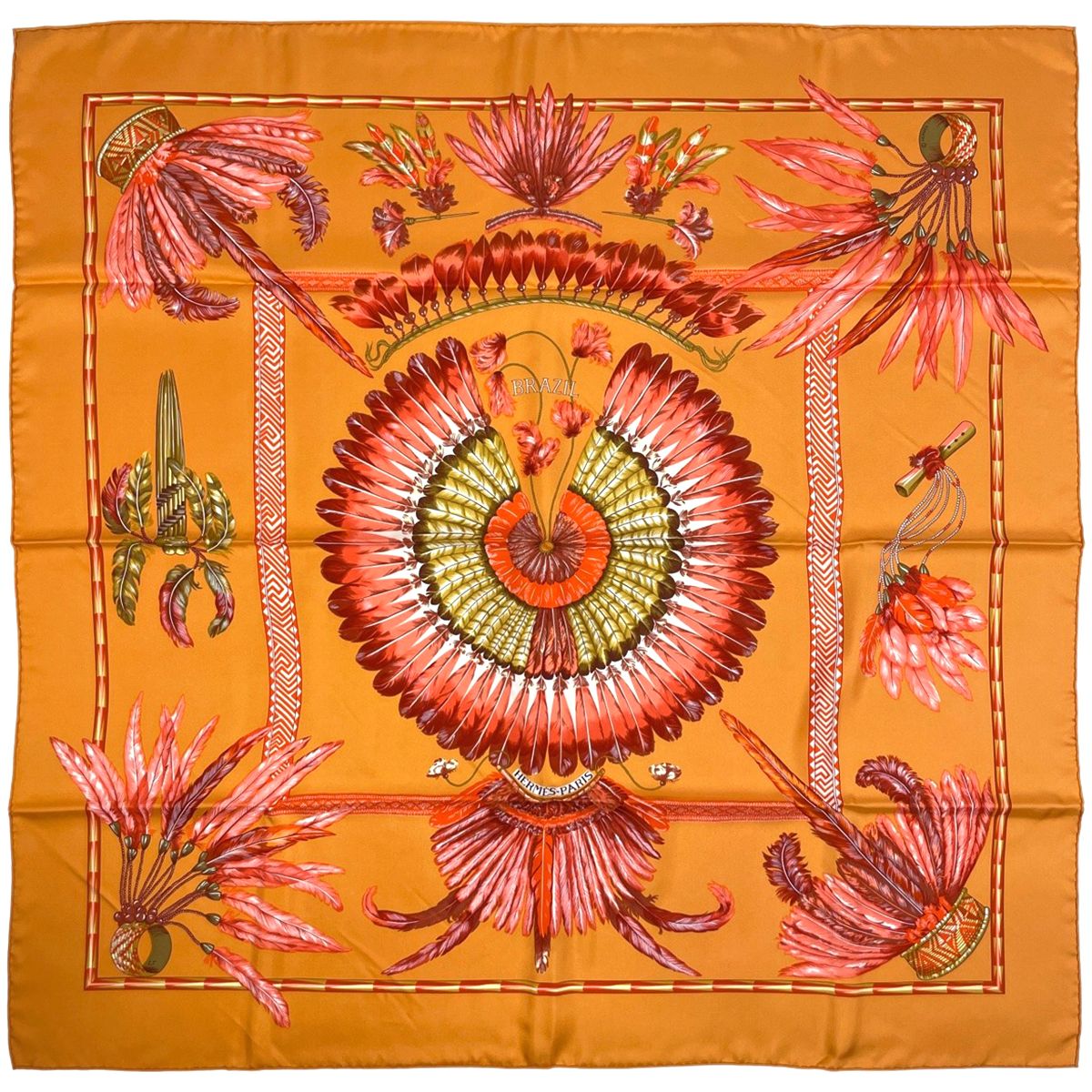 エルメス HERMES カレ 90 BRAZIL ブラジル スカーフ シルク オレンジ マルチ レディース