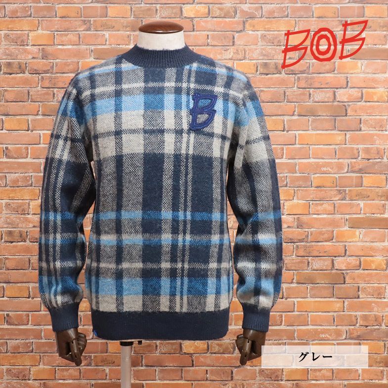 【新品】BOB　モックネックニット　ジャガード編み　メンズ　チェック　ハイランク 新品】BOB モックネックニット ジャガード編み メンズ チェック