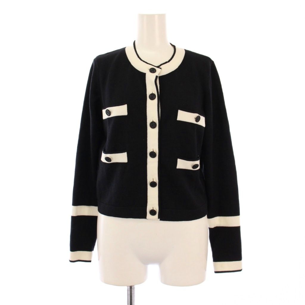 シャネル CHANEL uniform ニットカーディガン 長袖 クルーネック ショート丈 ウール ココボタン ココマーク ロゴ バイ S 黒 ブラック 白 ホワイト BB
