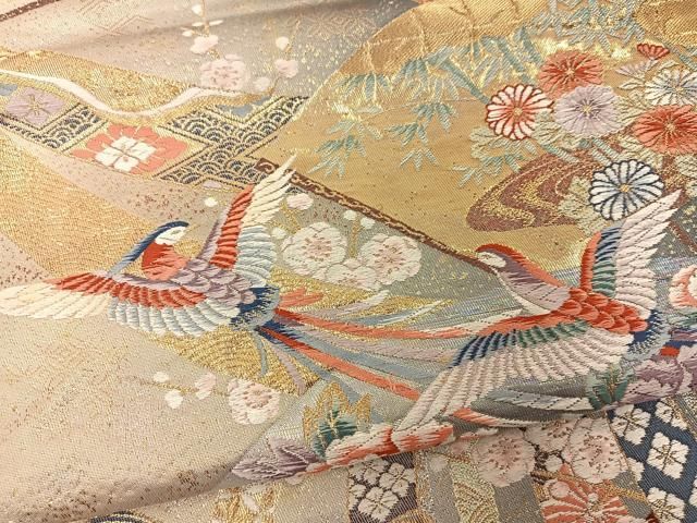 袋帯 金糸 牡丹 梅花 菊花 菱形模様 扇模様 着物 101t