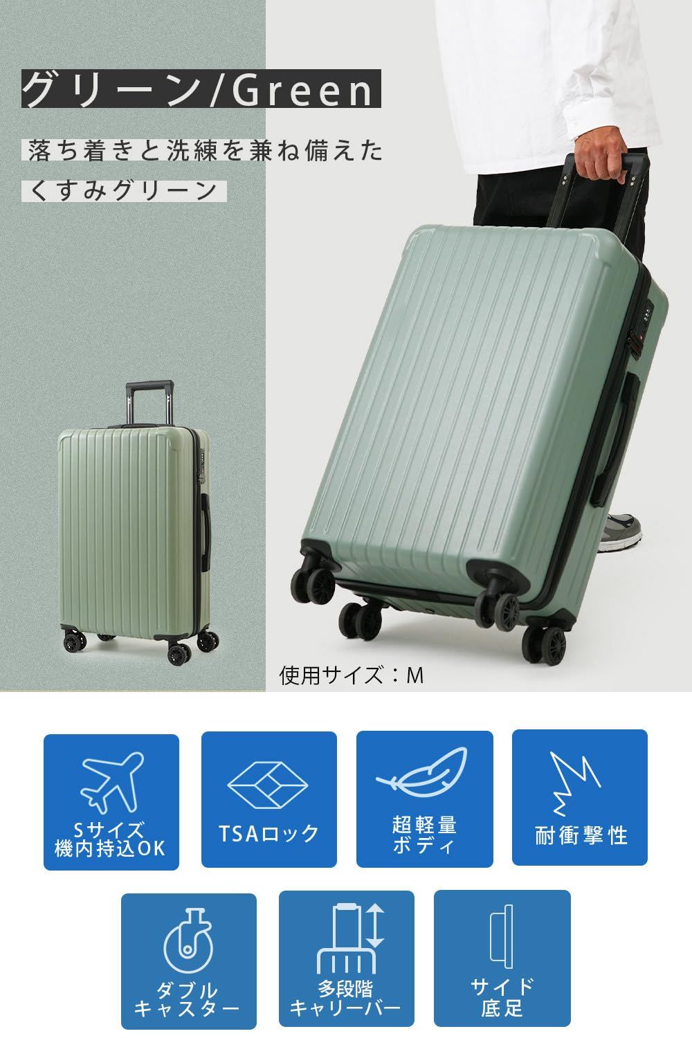  スーツケース Sサイズ 機内持ち込み 軽量 小型 キャリーケース ハード 静音ダブルキャスター TSAロック ファスナー式 1泊2日 キャリーバッグ ty 2506 2 4 kg 38 L 20 グリーン パスポートケース その他 旅行かばん 小分けバッグ