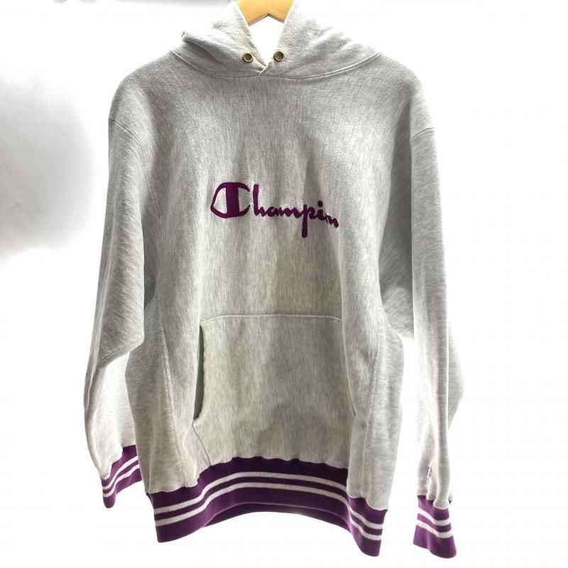 【中古】オールドChampion 90s USA製 ロゴ刺繍パーカー サイズL グレー[19]