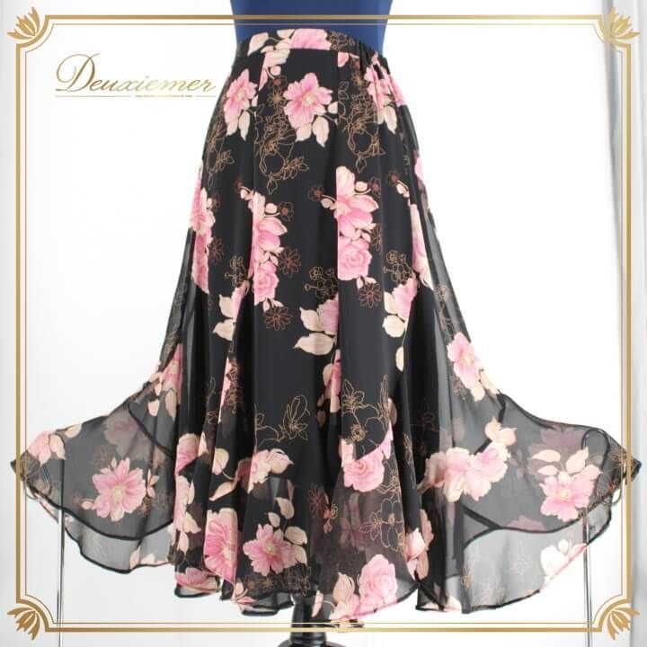 社交ダンス 衣装 スタンダード スカート レッスンウェア レディース オールシーズン ブラック系 ピンク系 黒 Jing Ying Dance 花柄 シフォンスカート フラワープリント カジュアル ダンス用 上品