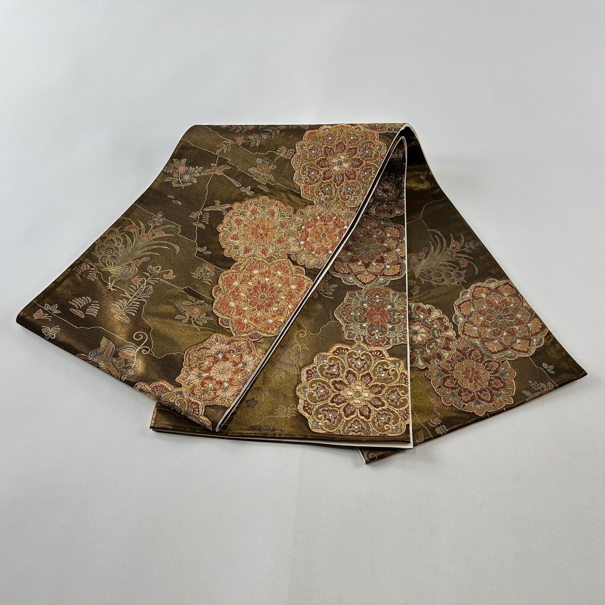 袋帯 美品 花鳥 金色 正絹 【中古】 袋帯 美品 秀品 華文 花鳥 金糸 箔 金色 全通 正絹 【中古