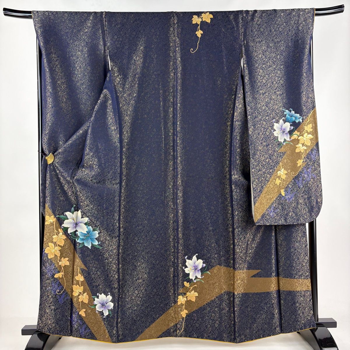 振袖 身丈161.5cm 裄丈68.5cm L 袷 百合 蔦 金通し 金彩 濃紺 正絹