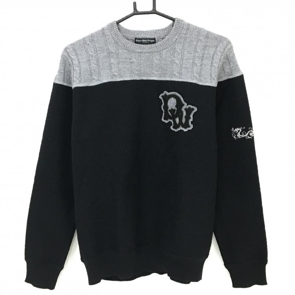 ダンスウィズドラゴン セーター 黒×グレー 上部ケーブル編み ウール100％ ニット メンズ 3 L ゴルフウェア Dance With Dragon