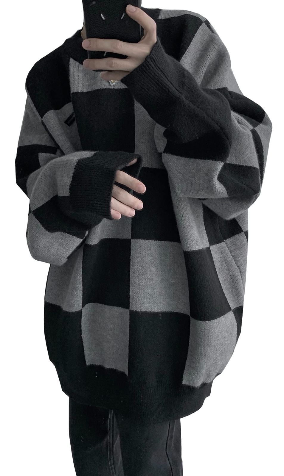 Size XL_Color ブラック BEIBANG セーター メンズ ニット オーバーサイズ ドロップショルダー 長袖 ゆったり ニットセーター クルーネック チェック柄 ビッグシルエット 韓国ファッション トップス 秋冬 20ブラック