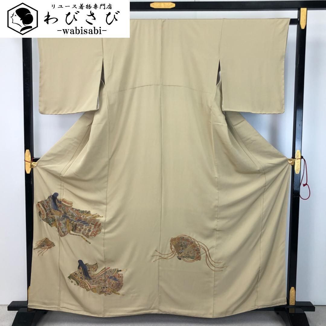 色留袖 刺繍柄 十二単の女性 扇子 組紐 金糸 藁色 ガード加工 K-4787