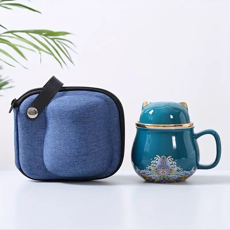中国招き猫茶マグカップセット ? 旅行バッグ付き、セラミックティーカップ、インフューザー＆蓋付き