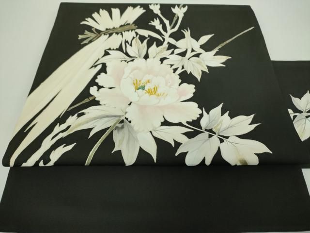 あ*ん様 名古屋帯 可愛い花 創作 九寸 正絹 着物 HO-1568 平和屋着物○塩瀬 九寸名古屋帯 手描き 牡丹文 黒地 金彩 正絹