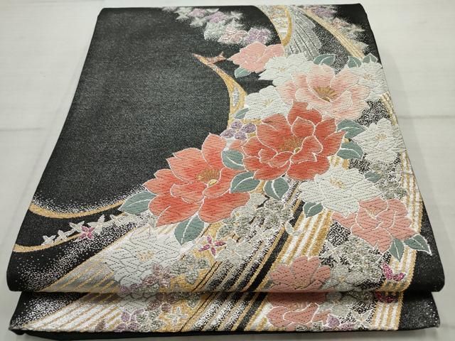 平和屋着物◎西陣 六通柄袋帯 唐織 刺繍 孔雀草花文 金銀糸 正絹 逸品