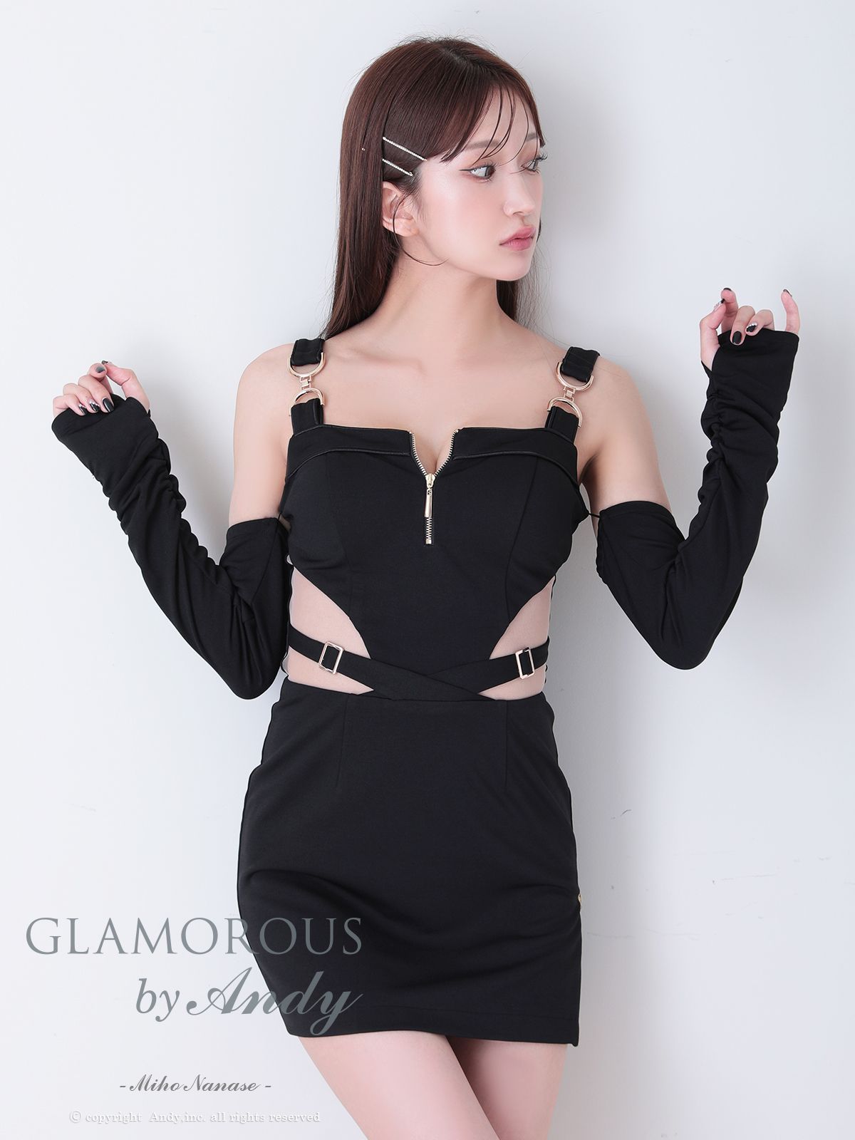 全品10％ポイント還元！ Sホワイト OF05 GMS-V891-B-2509 Andy GLAMOROUS アンディグラマラス 2way 袖付き ノースリーブ バストジップ カットアウト シアー タイト ミニドレス キャバドレス