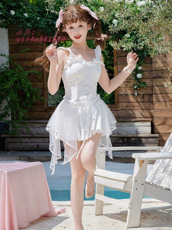 ワンピース水着 ロリータ風 リボン 服みたいな 水着 レディース ノースリーブ M 無地 ホワイト S 着痩せ 女の子 学生 シンプル ワイヤーなし vii4w341349