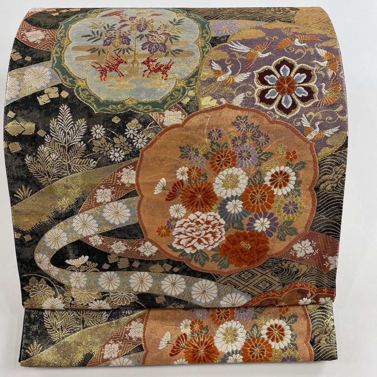 袋帯 美品 秀品 花鳥 優彩鏡裏紋 金糸 箔 金色 六通 正絹 【中古