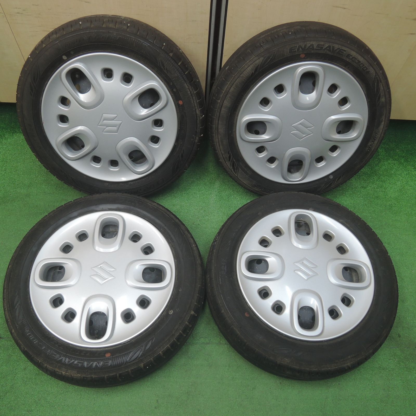 *送料無料* バリ溝！キレイ！8.5分スズキ スペーシア 純正 スチール 155/65R14 ダンロップ エナセーブ EC300+ 14インチ PCD100/4H4020212SYノ