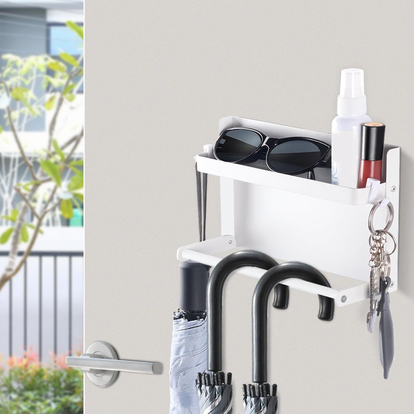 新品　マグネット 傘立て トレー付き 玄関 小物収納 玄関扉収納 傘立て アンブレラホルダー フック付き (一個入り SAIKEYO ホワイト)