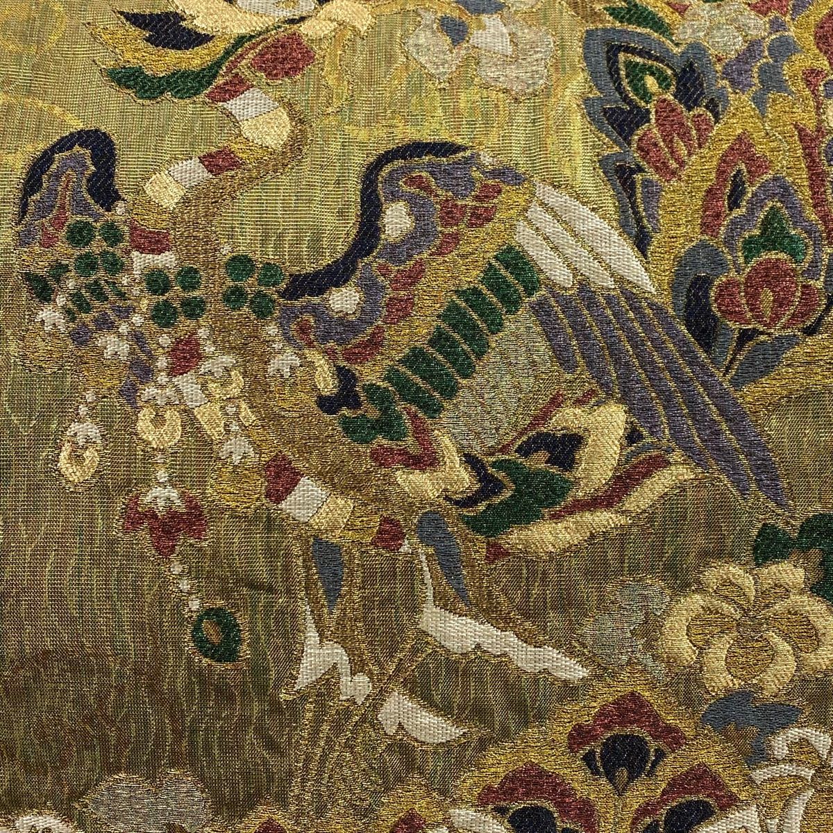 袋帯 秀品 落款 鳥 草花 箔 金糸 金色 六通 正絹