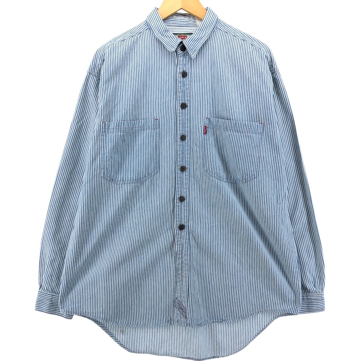 古着 90年代 リーバイス Levi s ストライプ柄 長袖 デニムシャツ メンズL相当 ヴィンテージ|eaa539289
