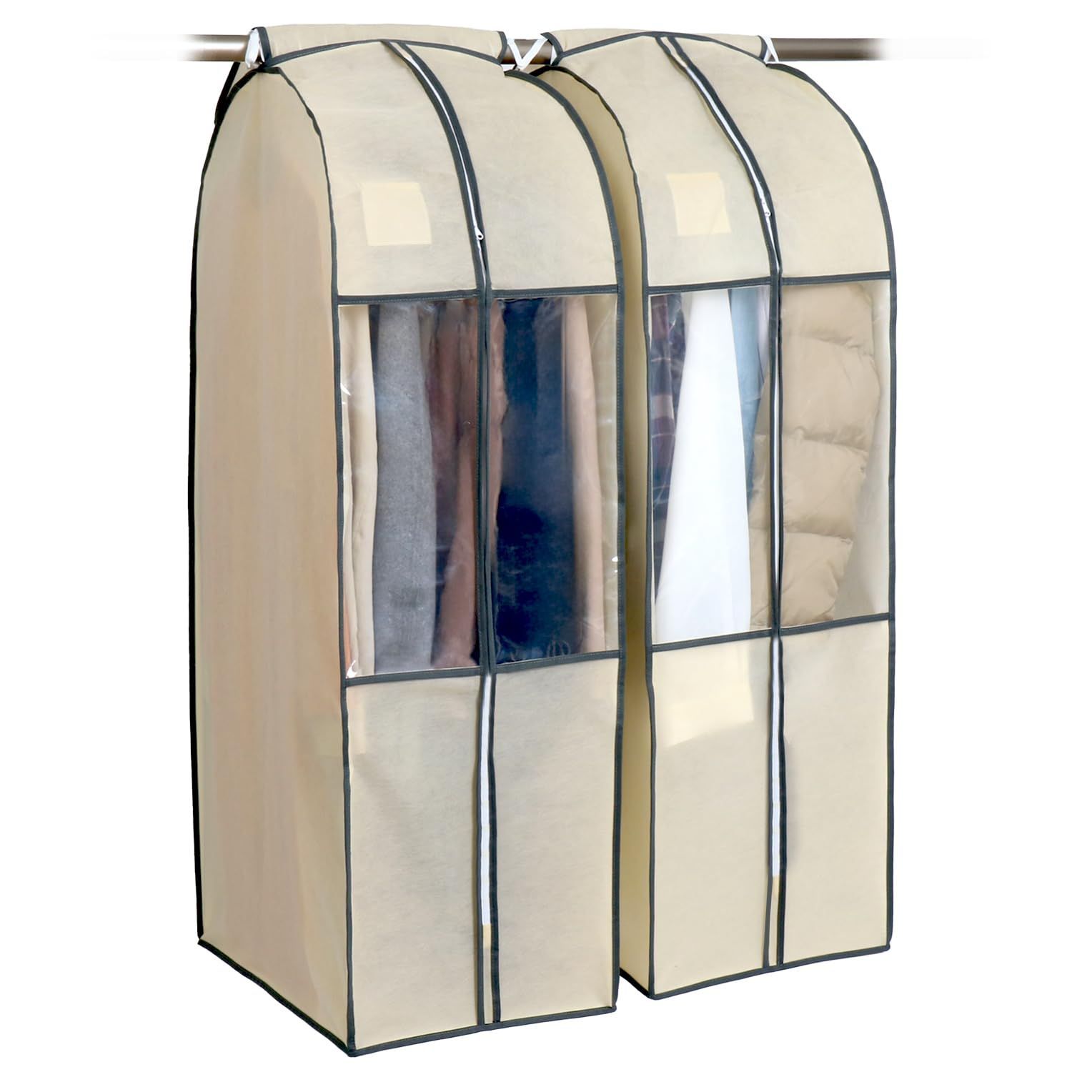 新着商品 吊り下げたまま使えるゆったりシワになりにくいマチ付き洋服カバー 35cmのマチ付き 通気性の良い不織布がホコリなどの汚れをガード 2枚組 スーツカバー 衣装カバー ショートサイズ 吊り下げ収納 衣類カバー ベージュ アストロ 131-31