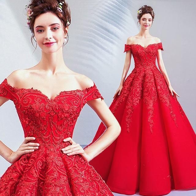 赤 ロングドレス オフショルダー 結婚式ドレス レッド スパンコール ゲストドレス Aライン パーティドレス 二次会 お呼ばれ ウェディングド