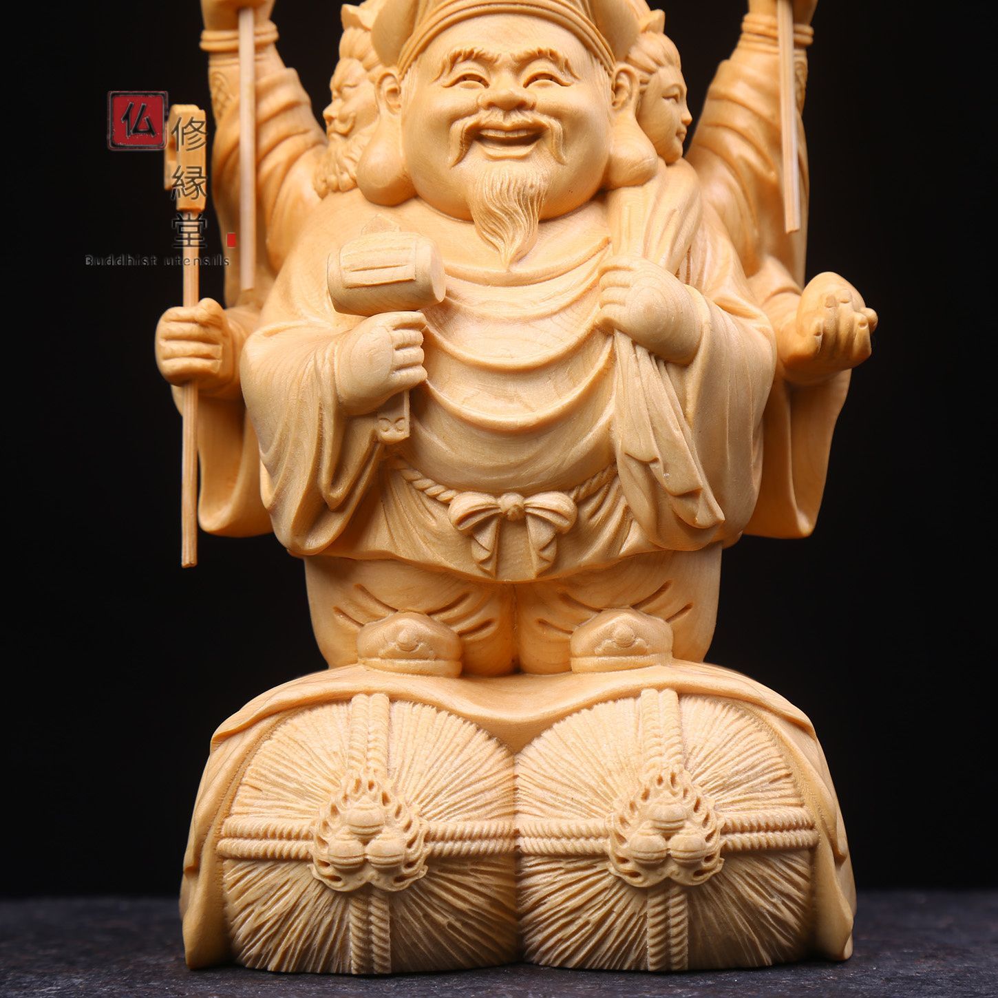 特注製作木彫仏像 福神 三面大黒天立像 財神 彩繪 本金 切金 置物 彫刻工芸品 仏像